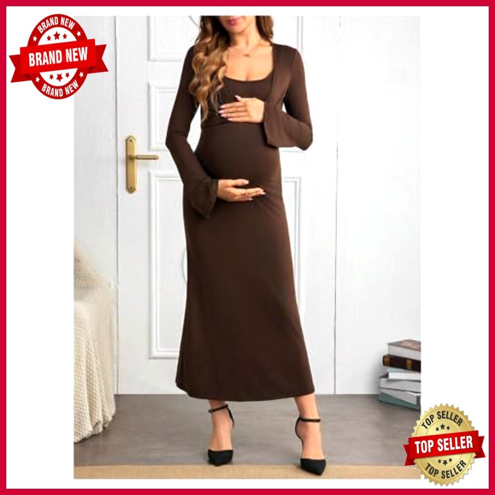 Maternity 2 Piece Set Long Sleeve Cropped Cardigan Bodycon Cami Dress - Picture 2 of 5